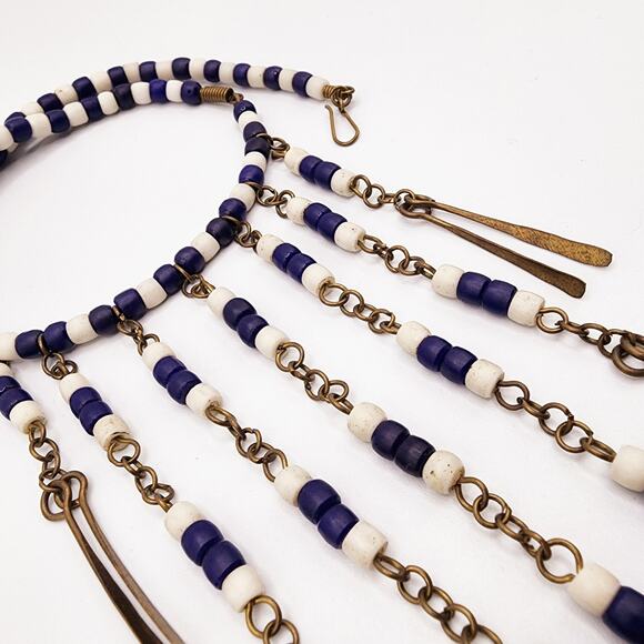 Vintage 1970s Boho Brass Fringe Bib Necklace Blue White Ceramic Beads Festival - Picture 2 of 8